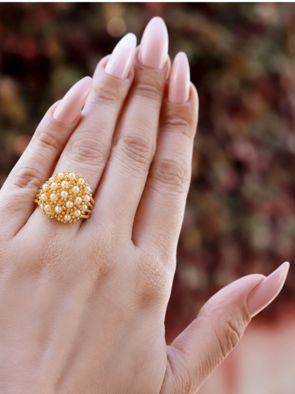 Gold Tone Pearl Cluster Statement Ring Dome Cocktail Ring